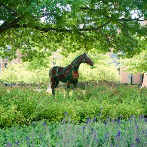 Spring flowers with horse statue
