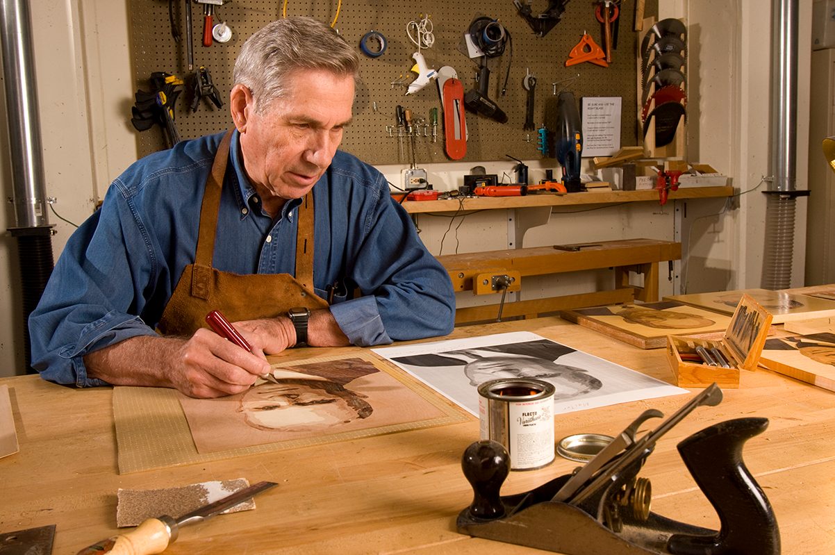 Sam Jeffers working in the woodshop.