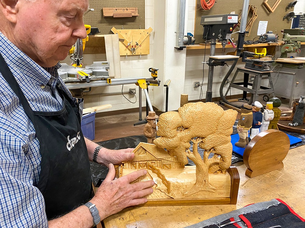 Wood Relief Carving of barn and tree