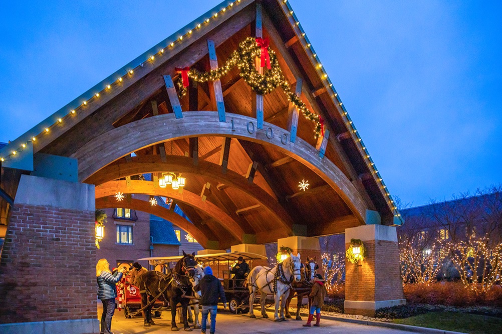 Garlands Covered Entrance Decorated for the Holidays