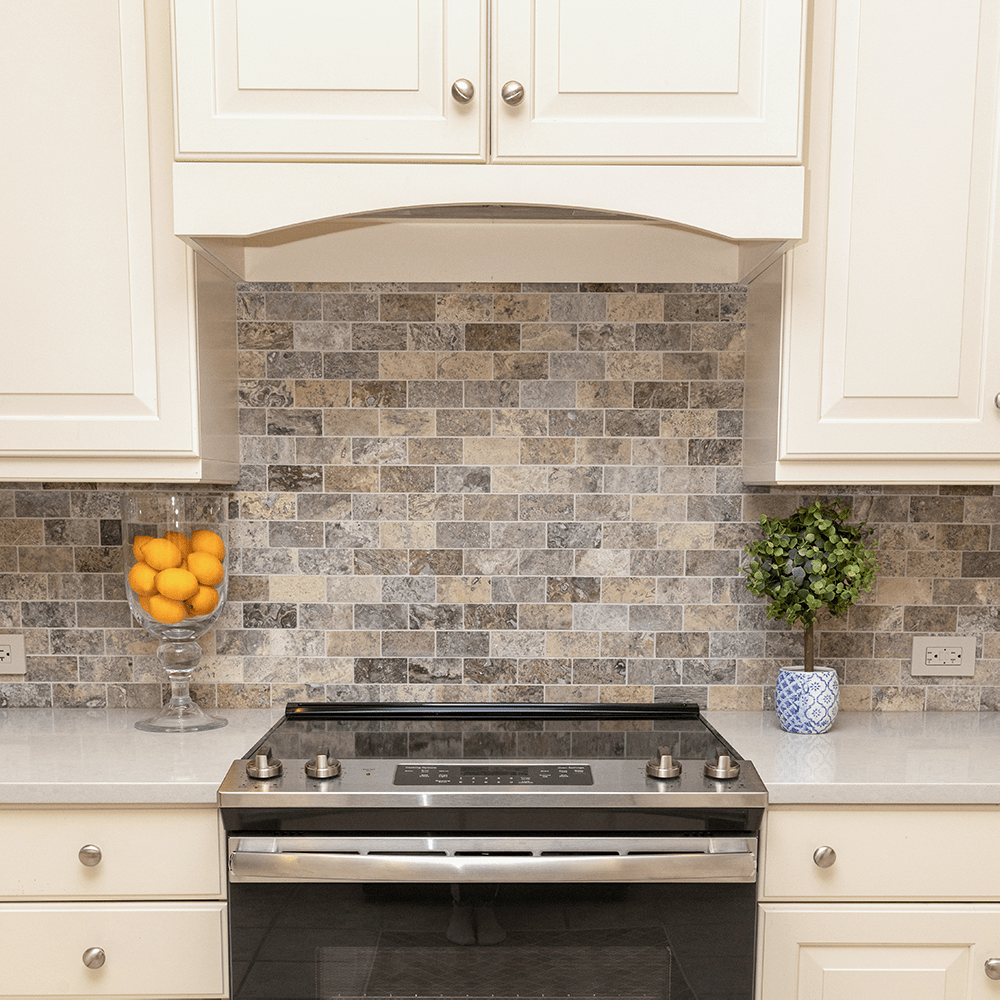 Gourmet kitchen with natural stone tiling