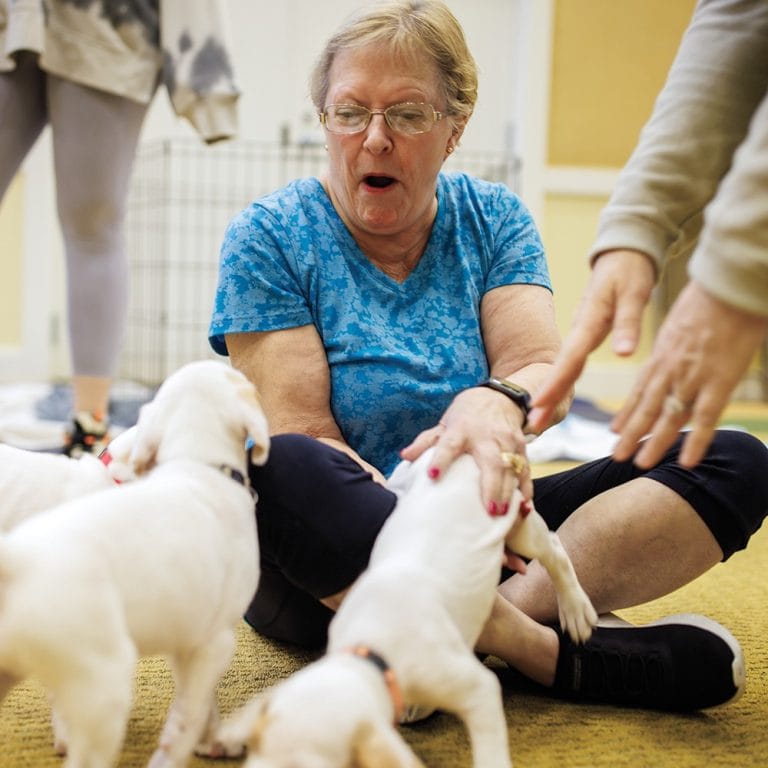 Garlands member sitting on the floor with a bunch of puppies