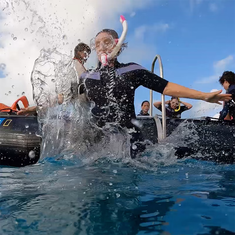 Karen Robinson Jumping into the Water with snorkel gear on